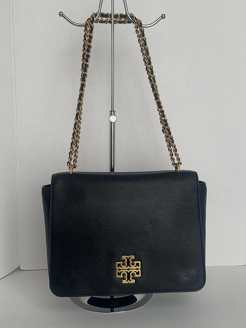 Tory Burch Britten Convertible Chain Shoulder Bag Black Pebbled Leather Crossbod